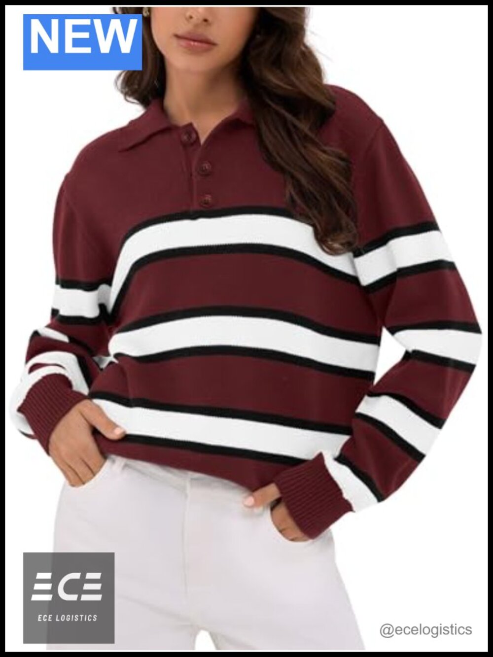Striped Sweater Button Up Polo V Neck Ribbed Knit Drop Shoulder Pullover